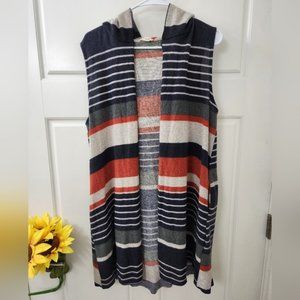 Oddy Women's Multi Striped Sleeveless Pockets Hooded Open Vest Cardigan Size M